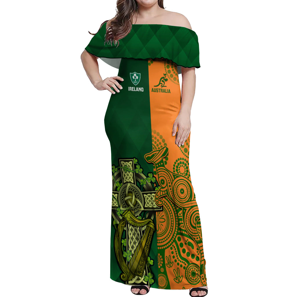 Australia And Ireland Rugby Off Shoulder Maxi Dress 2023 World Cup Walllabies With Shamrocks - Wonder Print Shop