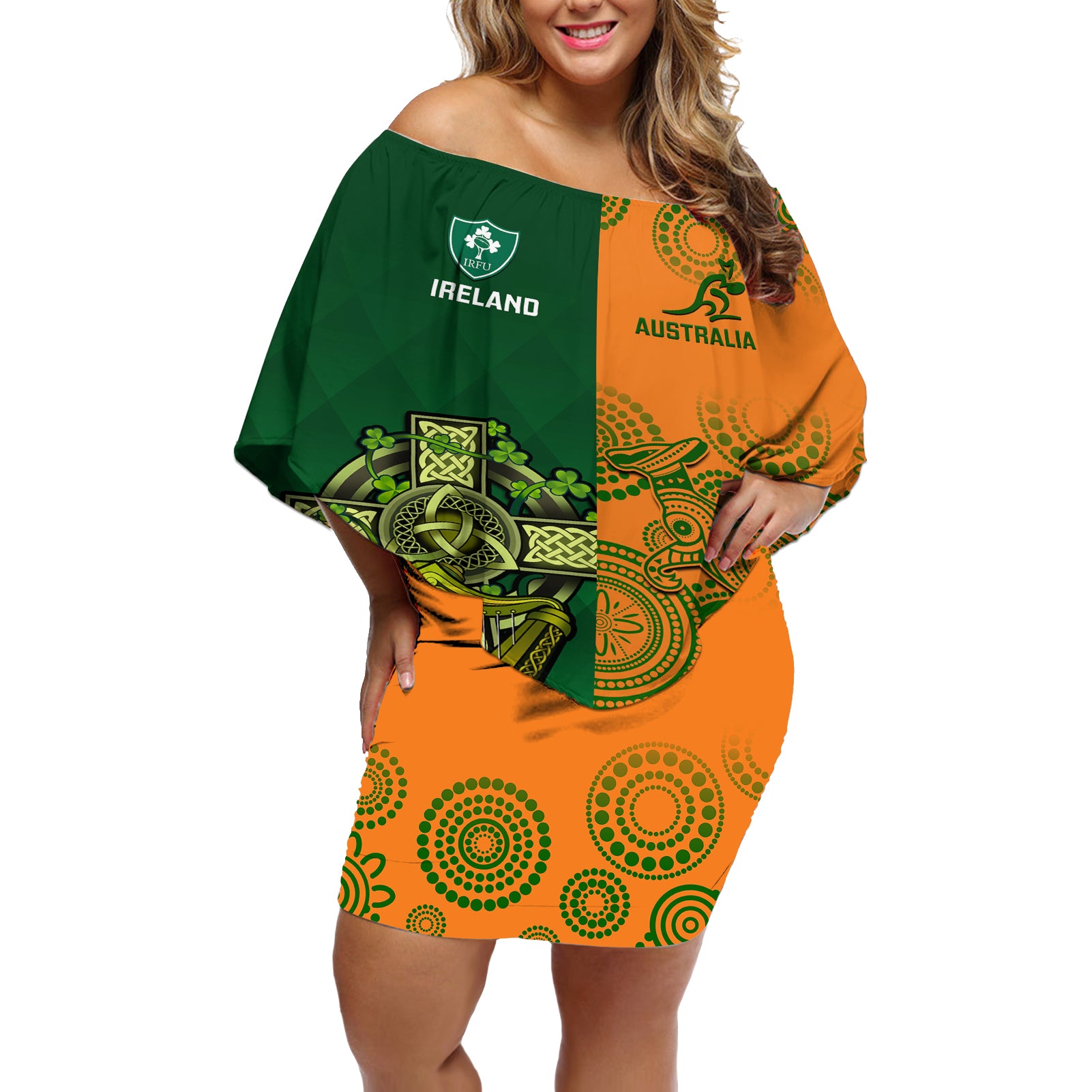 Australia And Ireland Rugby Off Shoulder Short Dress 2023 World Cup Walllabies With Shamrocks - Wonder Print Shop