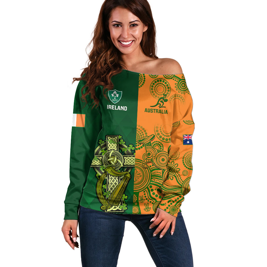 Australia And Ireland Rugby Off Shoulder Sweater 2023 World Cup Walllabies With Shamrocks - Wonder Print Shop