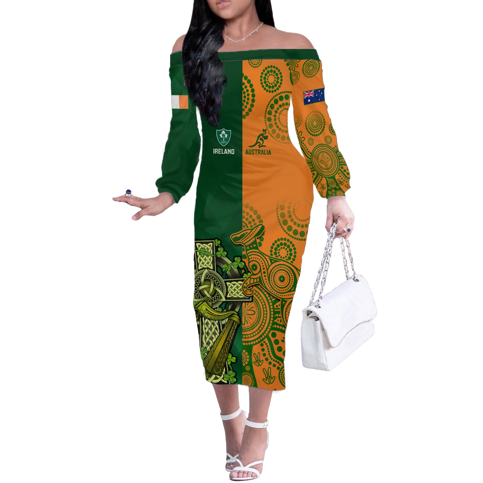 Australia And Ireland Rugby Off The Shoulder Long Sleeve Dress 2023 World Cup Walllabies With Shamrocks - Wonder Print Shop