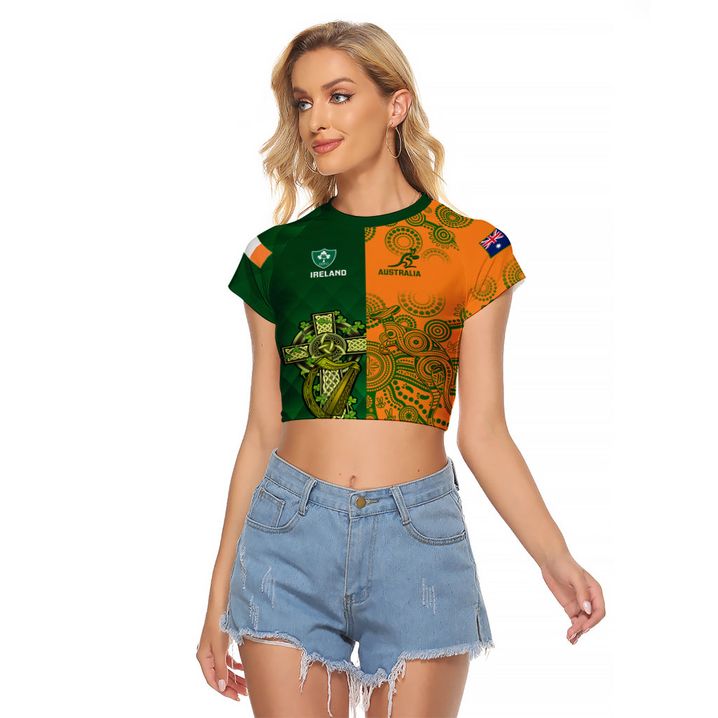 Australia And Ireland Rugby Raglan Cropped T Shirt 2023 World Cup Walllabies With Shamrocks LT14