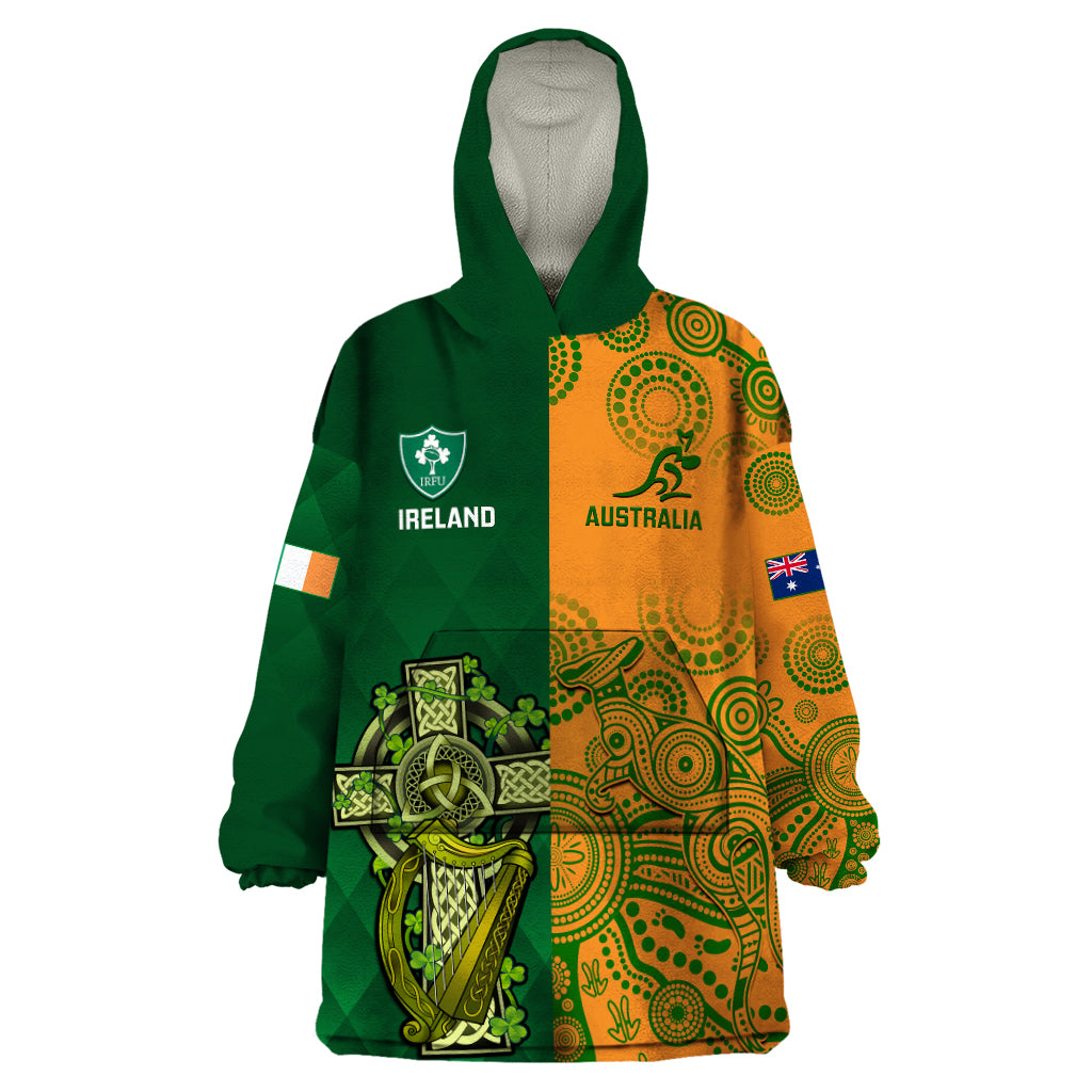 Australia And Ireland Rugby Wearable Blanket Hoodie 2023 World Cup Walllabies With Shamrocks LT14