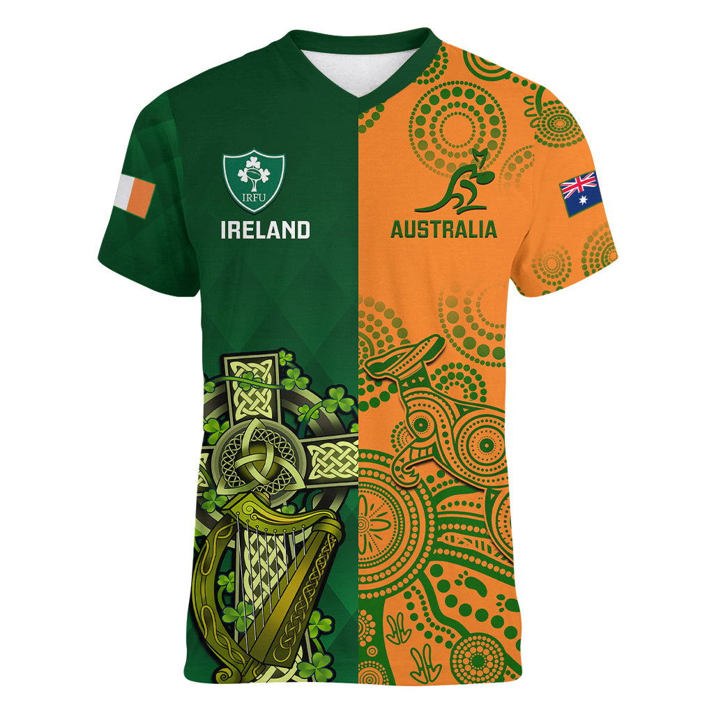 Australia And Ireland Rugby Women V Neck T Shirt 2023 World Cup Walllabies With Shamrocks LT14