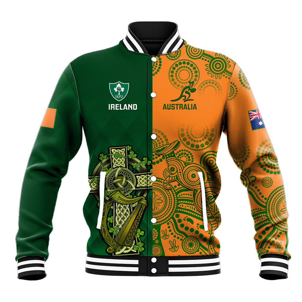 Green varsity baseball jacket with Ireland and Australia crests, shamrock graphic, snap buttons