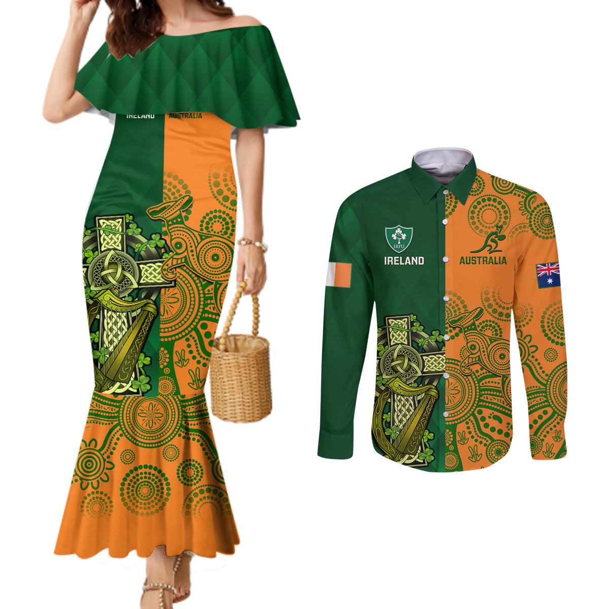 custom-australia-and-ireland-rugby-couples-matching-mermaid-dress-and-long-sleeve-button-shirts-2023-world-cup-walllabies-with-shamrocks