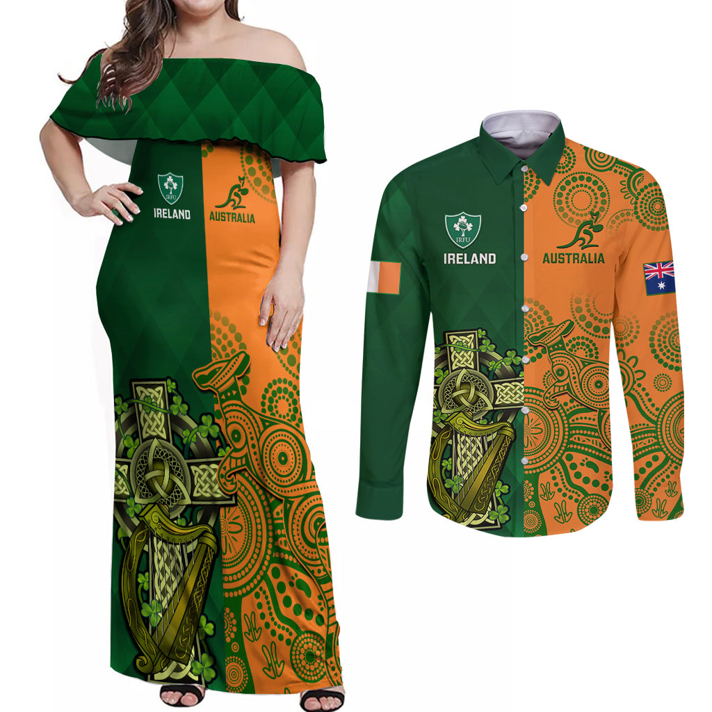 Custom Australia And Ireland Rugby Couples Matching Off Shoulder Maxi Dress and Long Sleeve Button Shirts 2023 World Cup Walllabies With Shamrocks - Wonder Print Shop