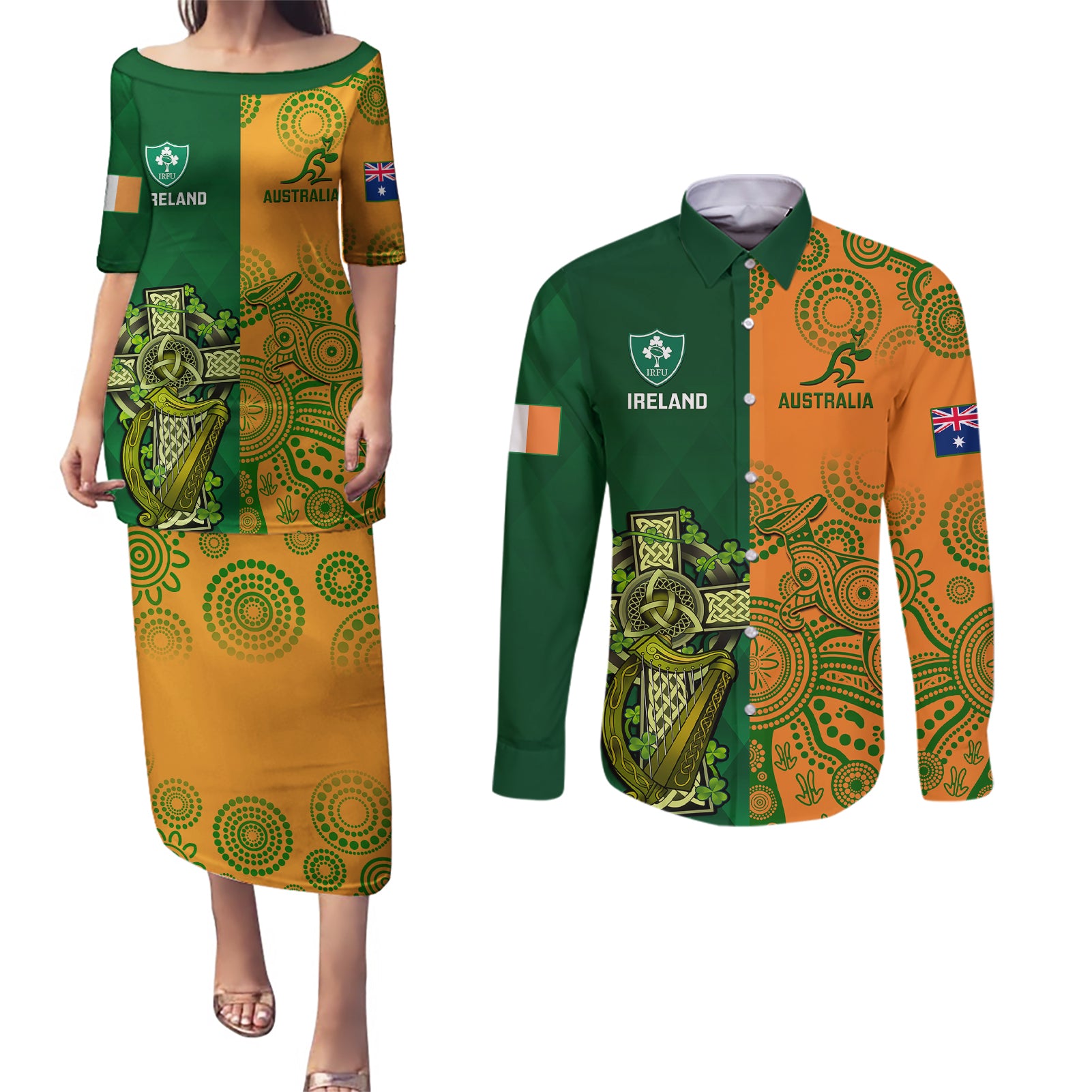 Custom Australia And Ireland Rugby Couples Matching Puletasi Dress and Long Sleeve Button Shirts 2023 World Cup Walllabies With Shamrocks - Wonder Print Shop