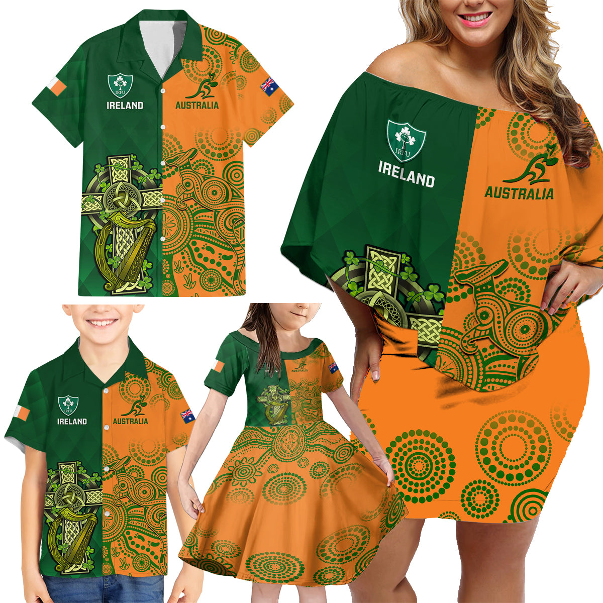 Custom Australia And Ireland Rugby Family Matching Off Shoulder Short Dress and Hawaiian Shirt 2023 World Cup Walllabies With Shamrocks - Wonder Print Shop