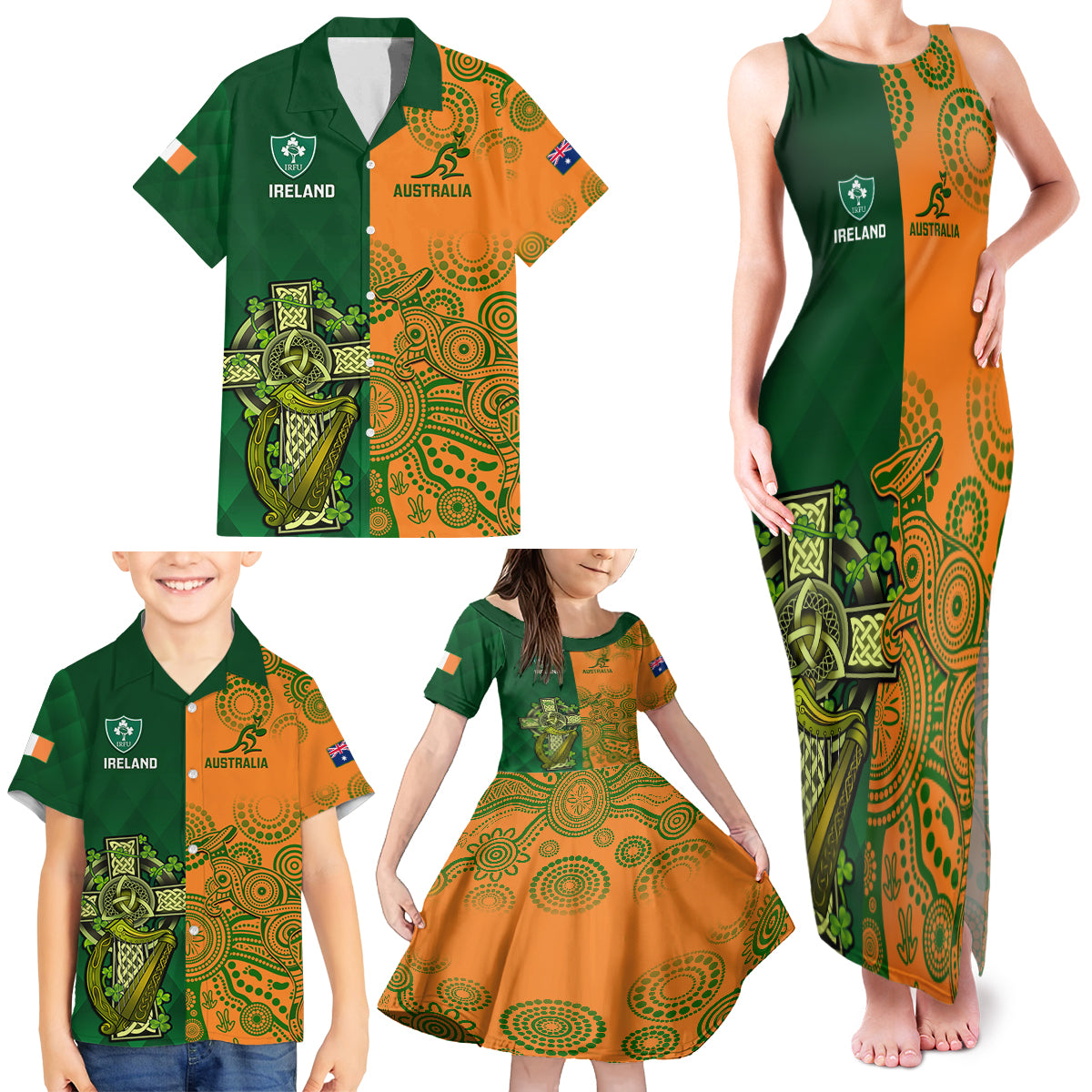 Custom Australia And Ireland Rugby Family Matching Tank Maxi Dress and Hawaiian Shirt 2023 World Cup Walllabies With Shamrocks - Wonder Print Shop