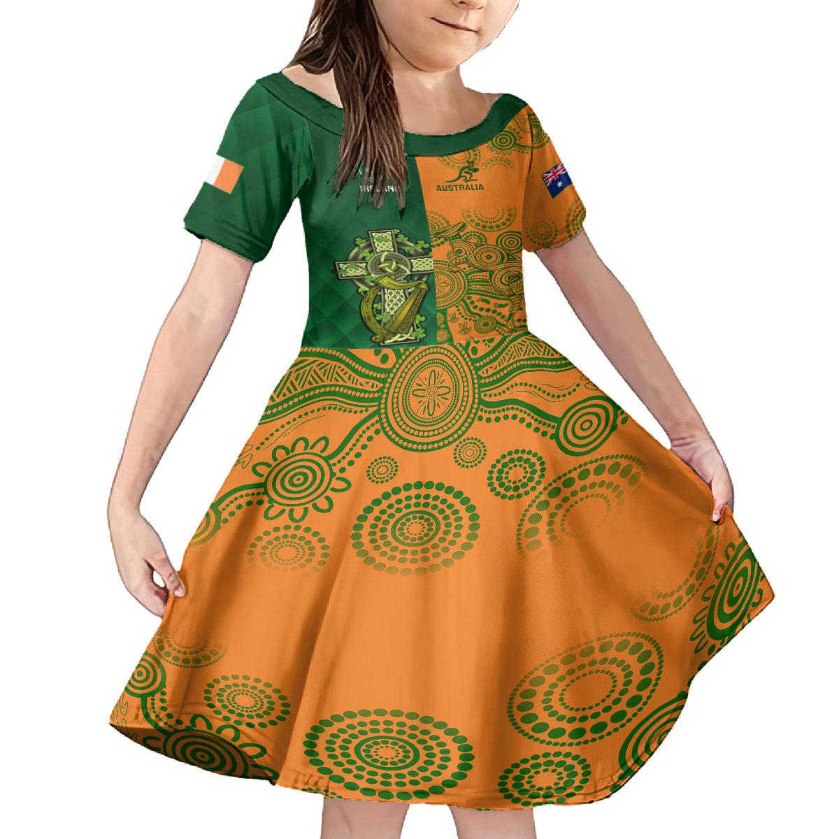 Custom Australia And Ireland Rugby Kid Short Sleeve Dress 2023 World Cup Walllabies With Shamrocks - Wonder Print Shop