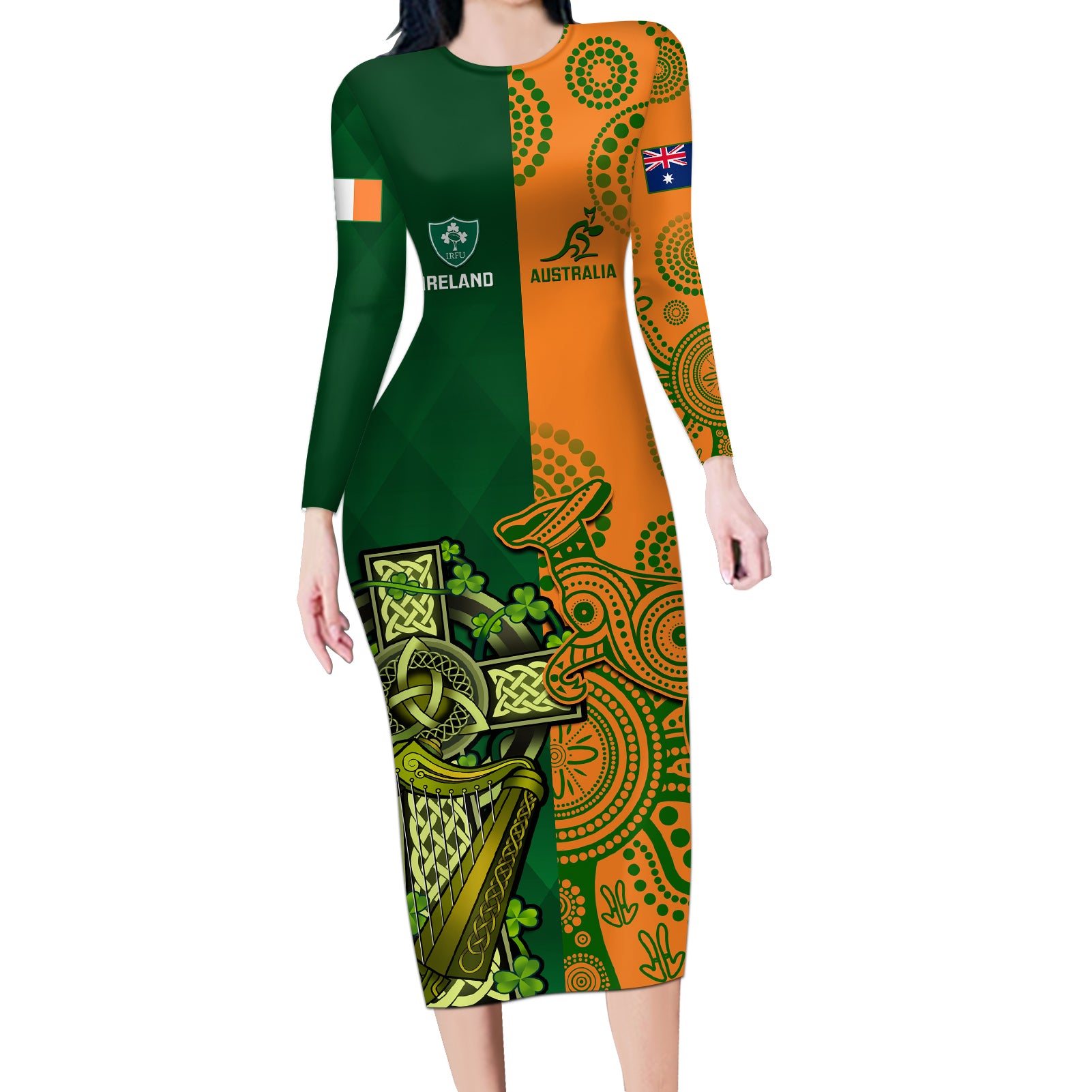 Custom Australia And Ireland Rugby Long Sleeve Bodycon Dress 2023 World Cup Walllabies With Shamrocks - Wonder Print Shop