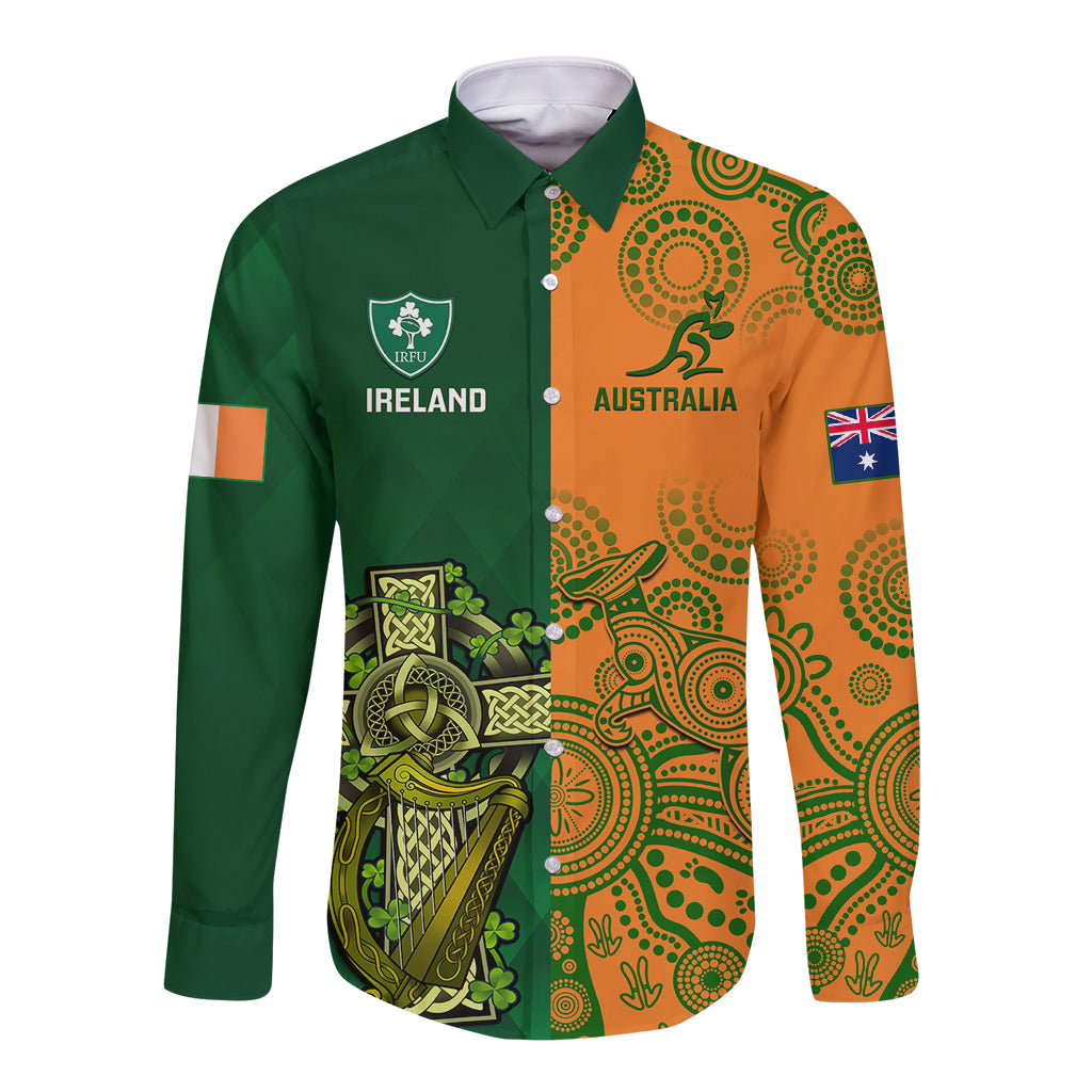 Green and orange rugby long-sleeve button shirt with Australia and Ireland front logos
