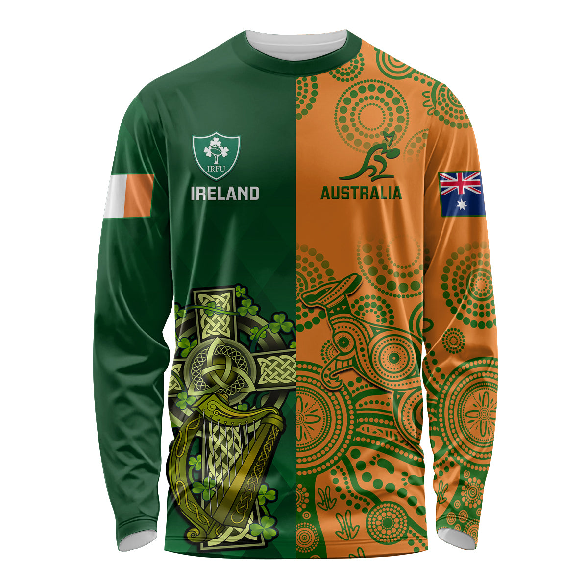 Custom Australia And Ireland Rugby Long Sleeve Shirt 2023 World Cup Walllabies With Shamrocks - Wonder Print Shop