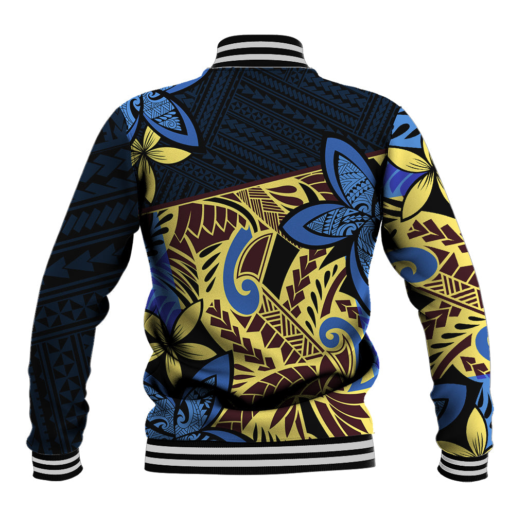 Back view of blue baseball jacket with Polynesian tribal floral pattern, striped rib hem