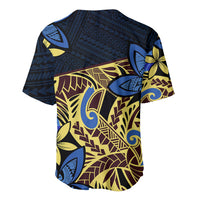 Blue Polynesian baseball jersey back view with frangipani flowers and tribal print, short sleeves