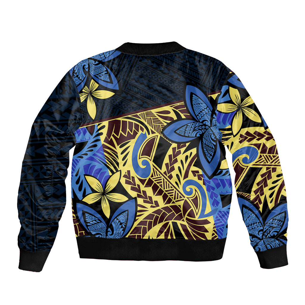 Blue bomber jacket with large tropical floral tribal print, ribbed collar, front zipper