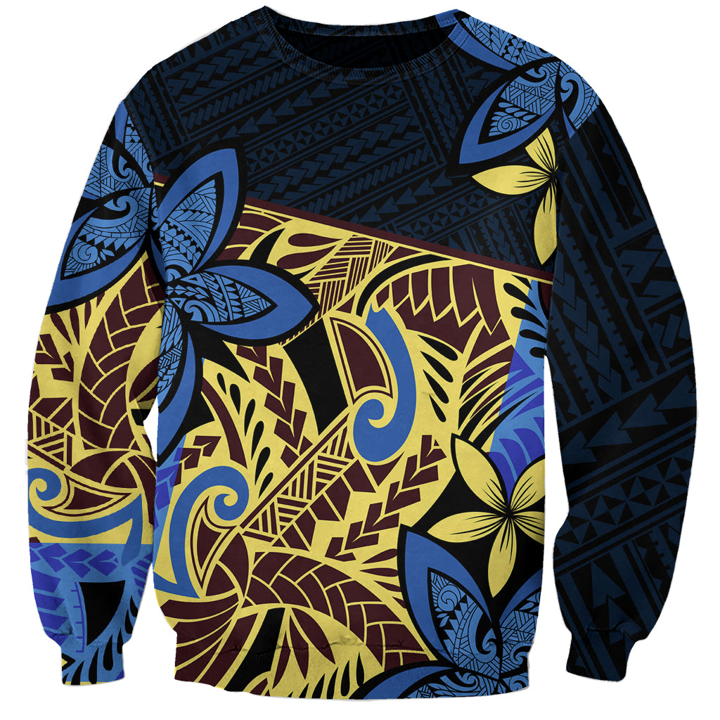 Unisex blue fabric sweatshirt with bold tribal and frangipani flower print