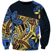 Unisex blue fabric sweatshirt with bold tribal and frangipani flower print