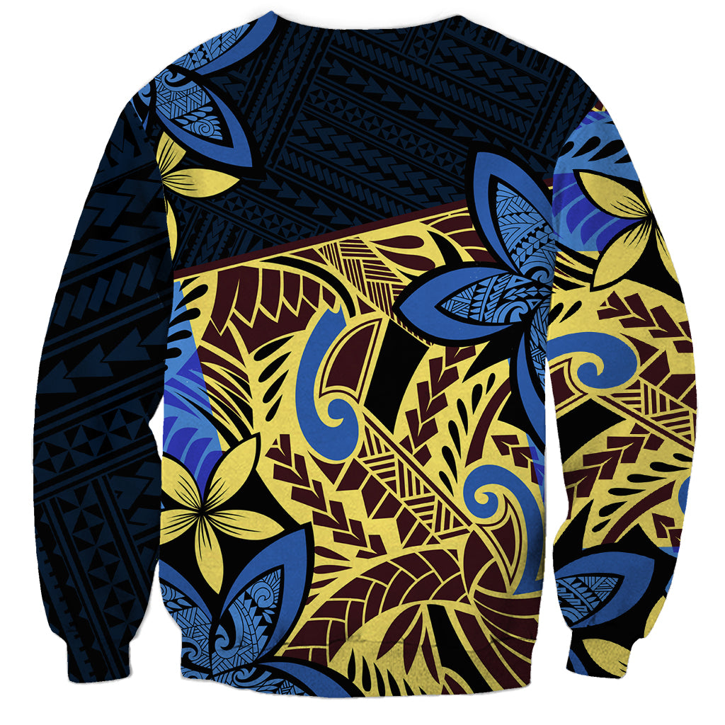 Unisex blue tribal sweatshirt with large gold and blue flower and leaf pattern