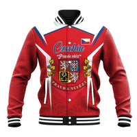 Red baseball varsity jacket with black rib collar, white stripes, Czechia crest on front