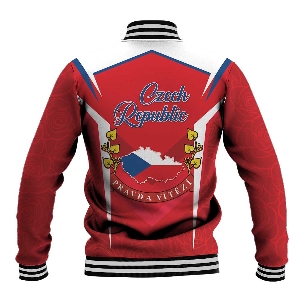Red baseball varsity jacket with black rib hem, white stripes, Czech Republic text and map on back