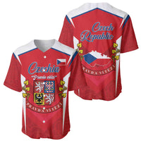 Red baseball jersey shown from front and back, crest front, Czech Republic back