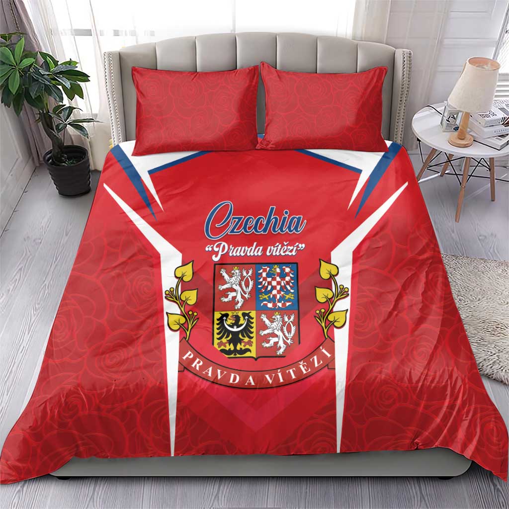 Red Czechia bedding set with matching pillowcases and crest graphic with blue-white stripes