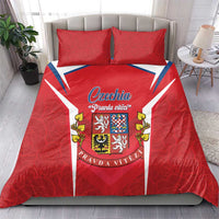 Red Czechia bedding set with matching pillowcases and crest graphic with blue-white stripes