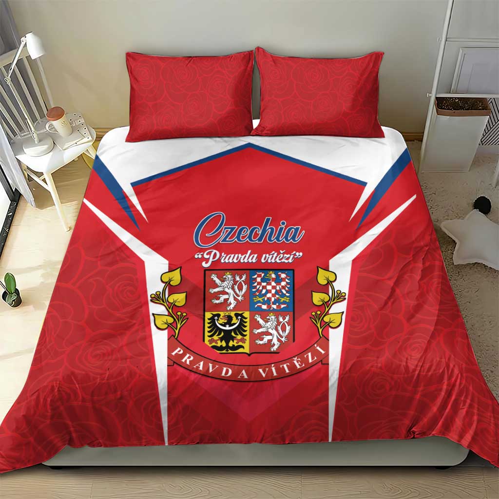 Red Czechia bedding set with two pillowcases and central crest panel in blue-white stripes