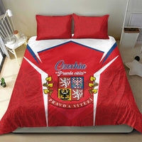 Red Czechia bedding set with two pillowcases and central crest panel in blue-white stripes