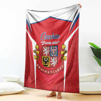 Red and white Czech shield banner-style blanket with blue trim and crest
