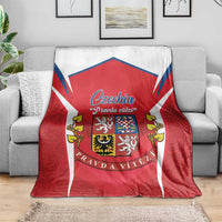 Red and white Czech crest blanket with blue emblem and ribbon text