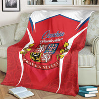Red and white Czech crest throw blanket with blue outline and decorative border