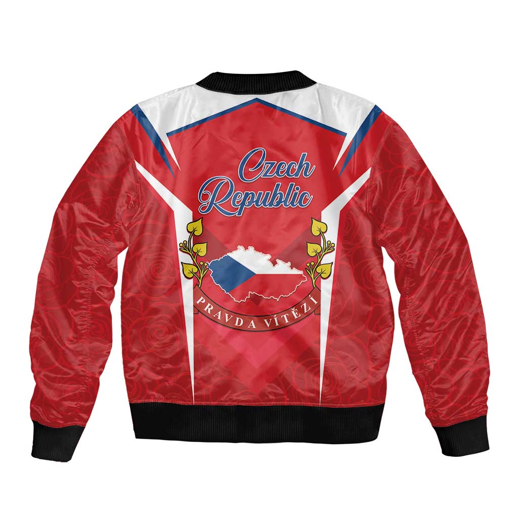 Red bomber jacket with white shoulders and blue diagonal stripes, back crest graphic.