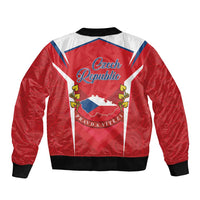 Red bomber jacket with white shoulders and blue diagonal stripes, back crest graphic.