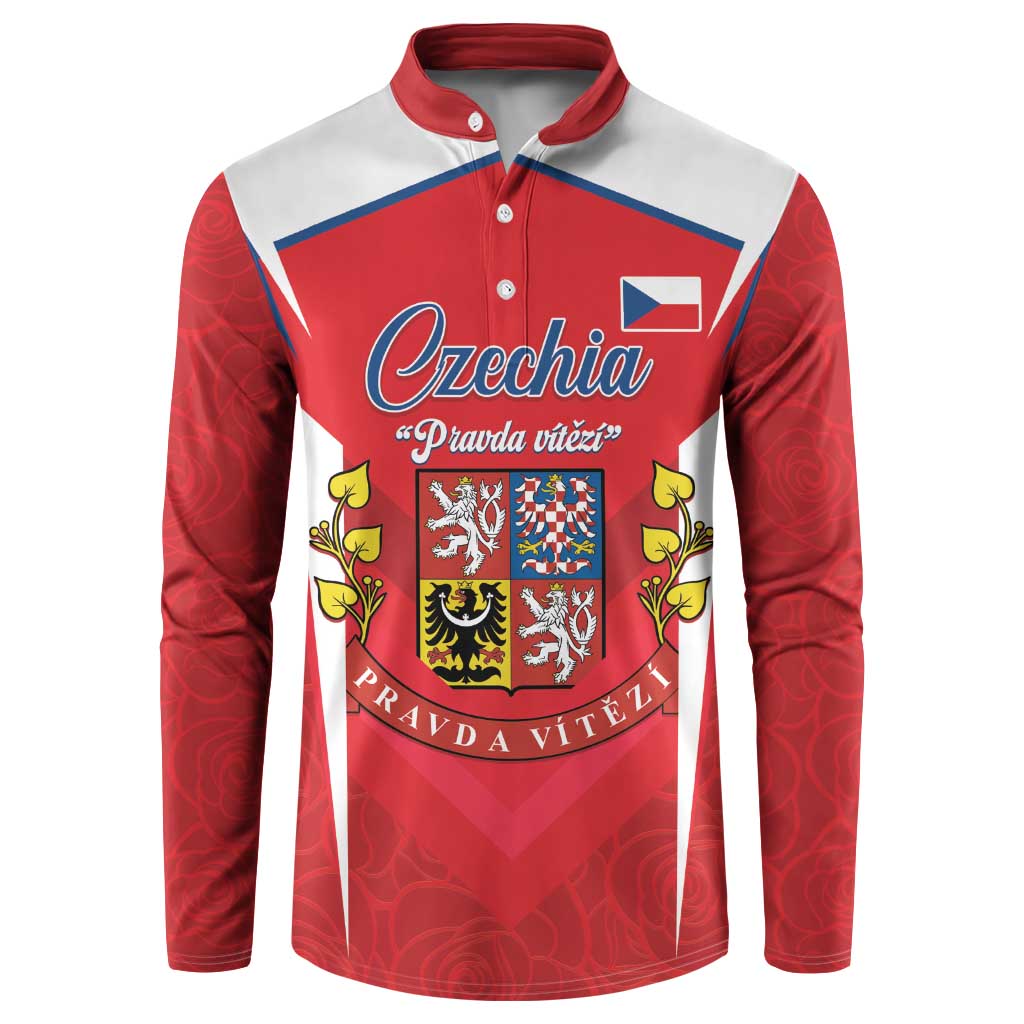 Red and white long-sleeve button sweatshirt with Czechia crest graphic and text