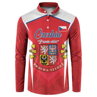 Red and white long-sleeve button sweatshirt with Czechia crest graphic and text