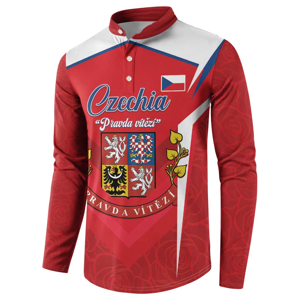 Red and white long-sleeve button sweatshirt with Czechia emblem and shield print