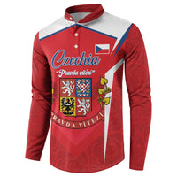 Red and white long-sleeve button sweatshirt with Czechia emblem and shield print