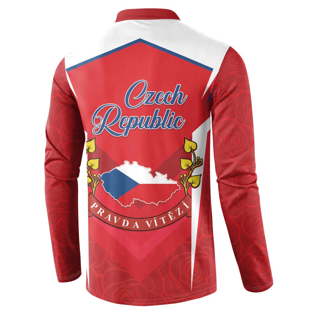 Red and white long-sleeve button sweatshirt with Czech Republic outline and text