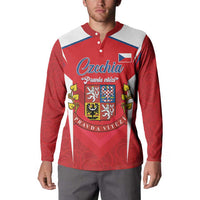 Red and white long-sleeve button sweatshirt worn by model; Czechia crest on chest