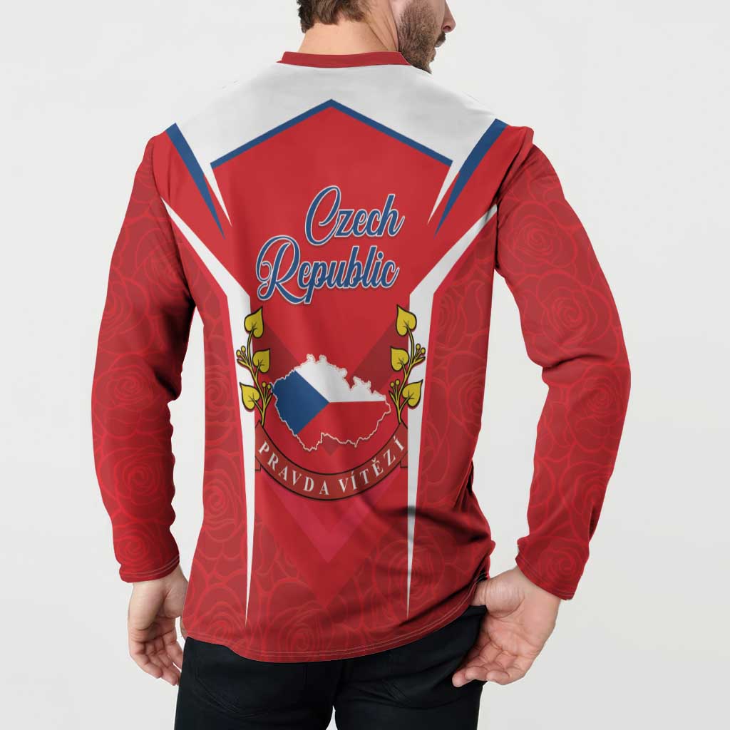 Red and white long-sleeve button sweatshirt, back graphic with Czech Republic outline