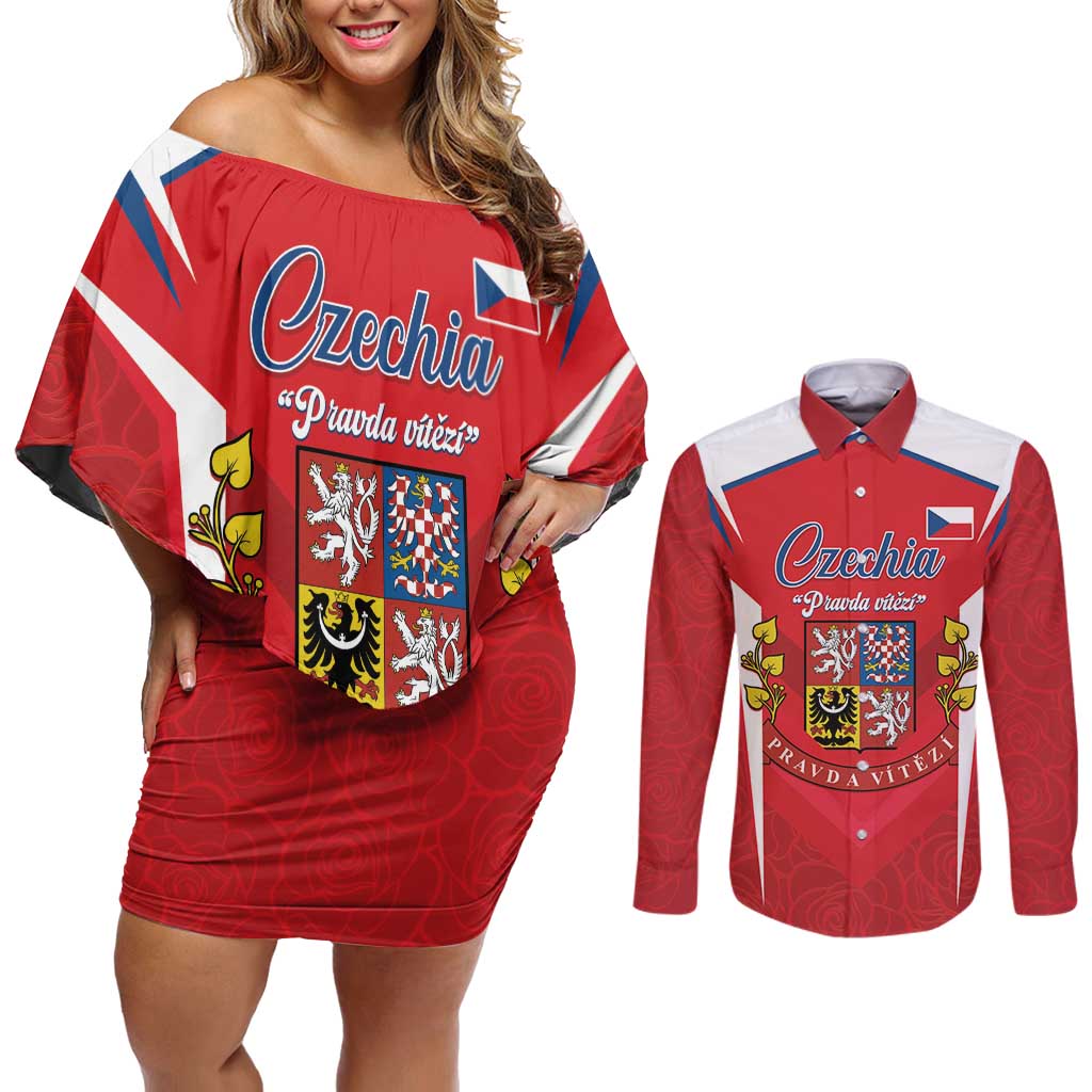 Czech Republic Restoration Day Couples Matching Off Shoulder Short Dress and Long Sleeve Button Shirt Czechia Pravda Vitezi - Wonder Print Shop