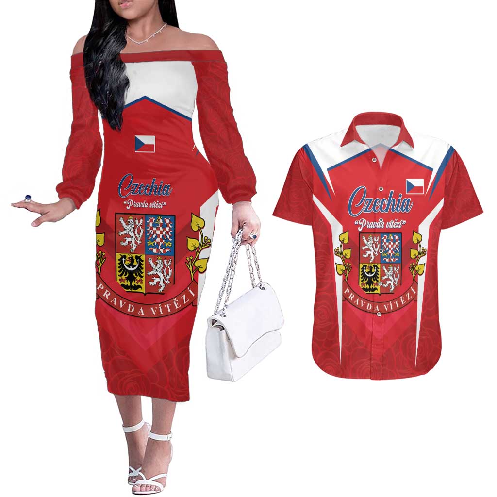 Czech Republic Restoration Day Couples Matching Off The Shoulder Long Sleeve Dress and Hawaiian Shirt Czechia Pravda Vitezi - Wonder Print Shop