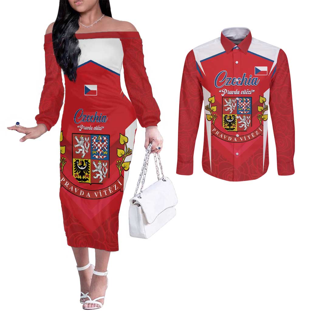 Czech Republic Restoration Day Couples Matching Off The Shoulder Long Sleeve Dress and Long Sleeve Button Shirt Czechia Pravda Vitezi