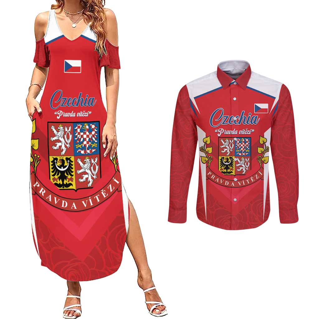 Czech Republic Restoration Day Couples Matching Summer Maxi Dress and Long Sleeve Button Shirt Czechia Pravda Vitezi - Wonder Print Shop