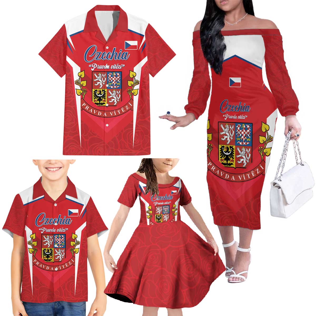 Czech Republic Restoration Day Family Matching Off The Shoulder Long Sleeve Dress and Hawaiian Shirt Czechia Pravda Vitezi - Wonder Print Shop