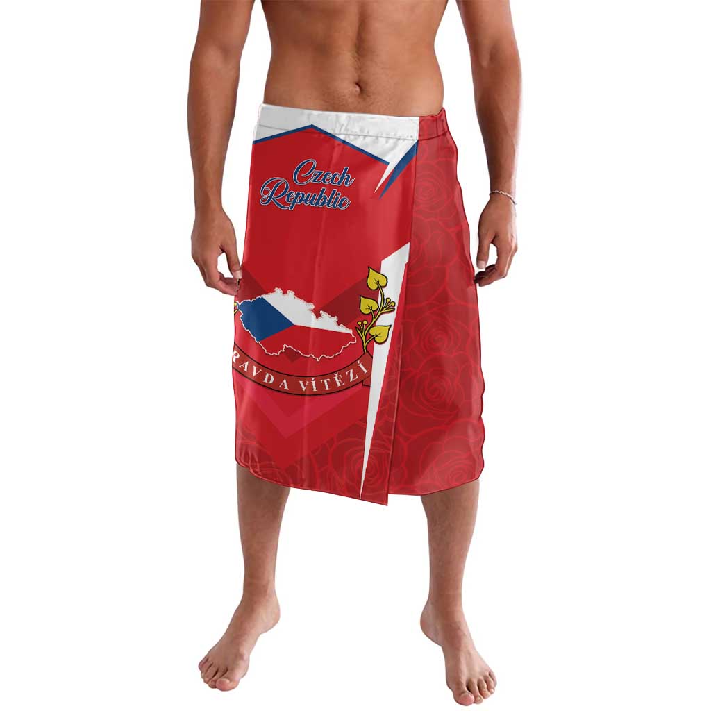 Red lavalava wrap skirt with Czech flag graphic and decorative emblem
