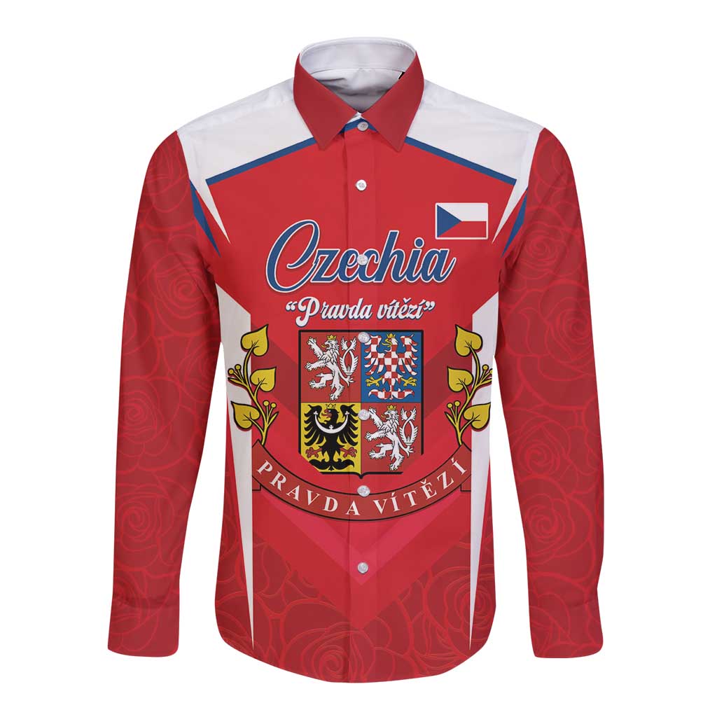 Unisex red long-sleeve button shirt with Czech-themed front graphic and crest