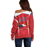 Women’s red off-shoulder sweater, back graphic with Czechia Republic emblem